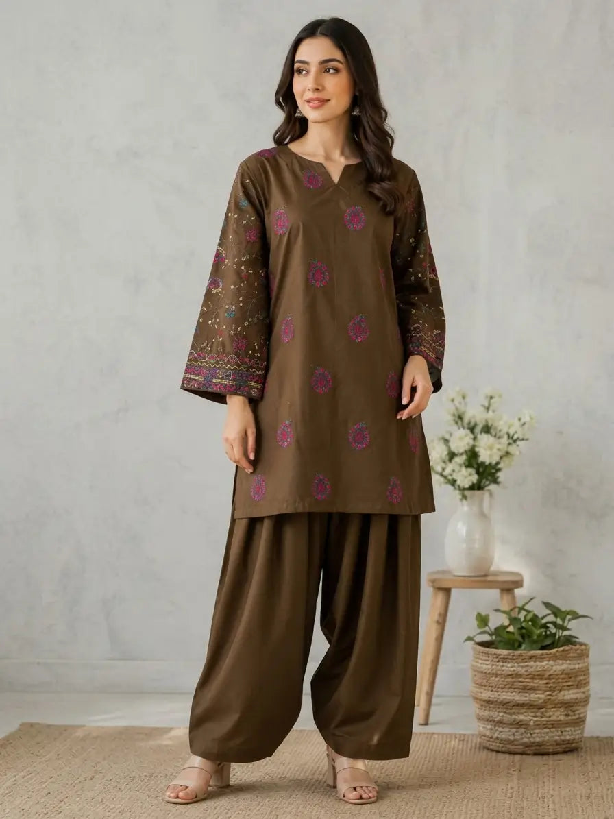 Dark Brown Embroidered 2 Piece Cotton Lawn Suit