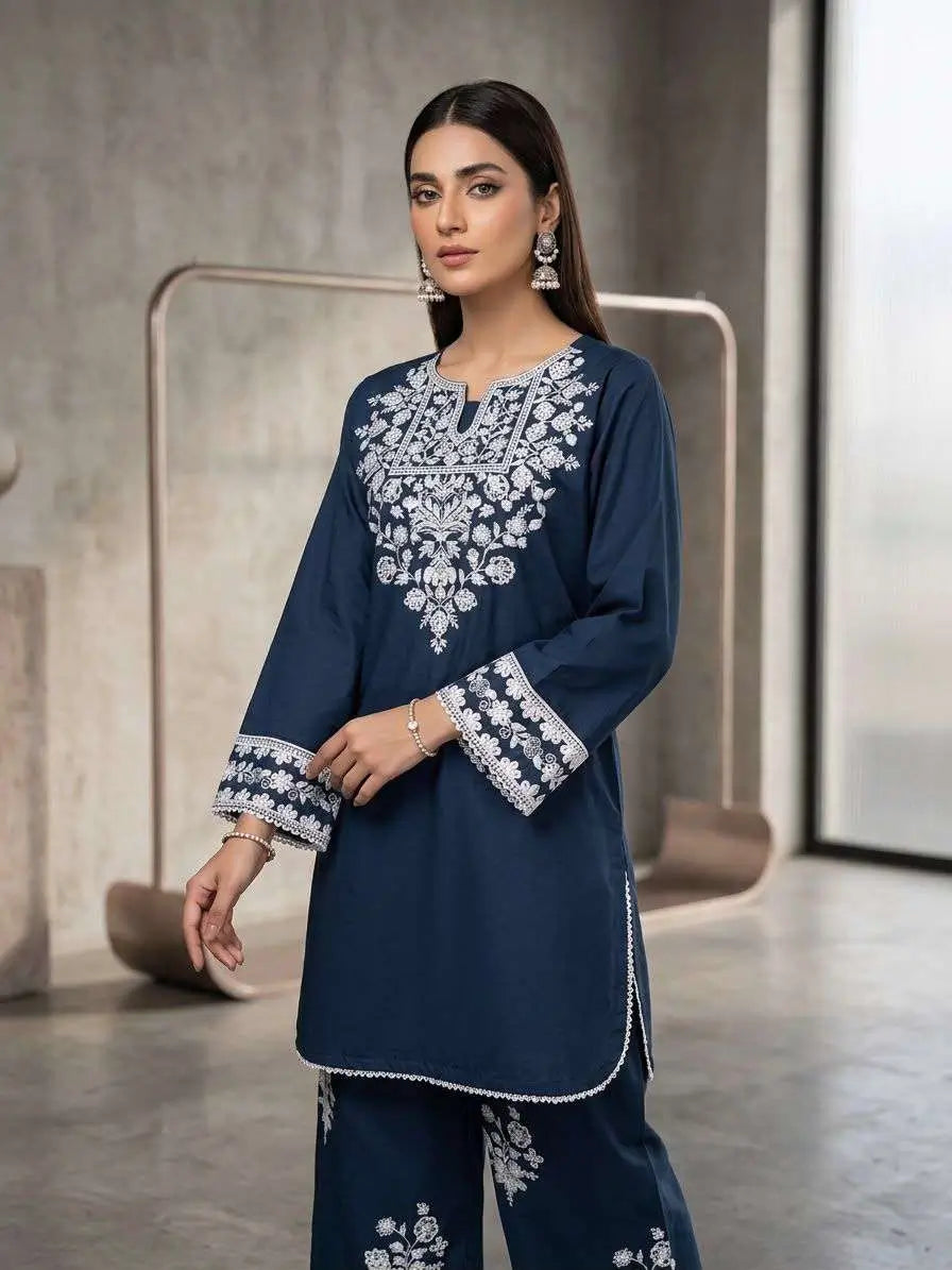 Navy Blue Embroidered 2 Piece Cotton Lawn Suit