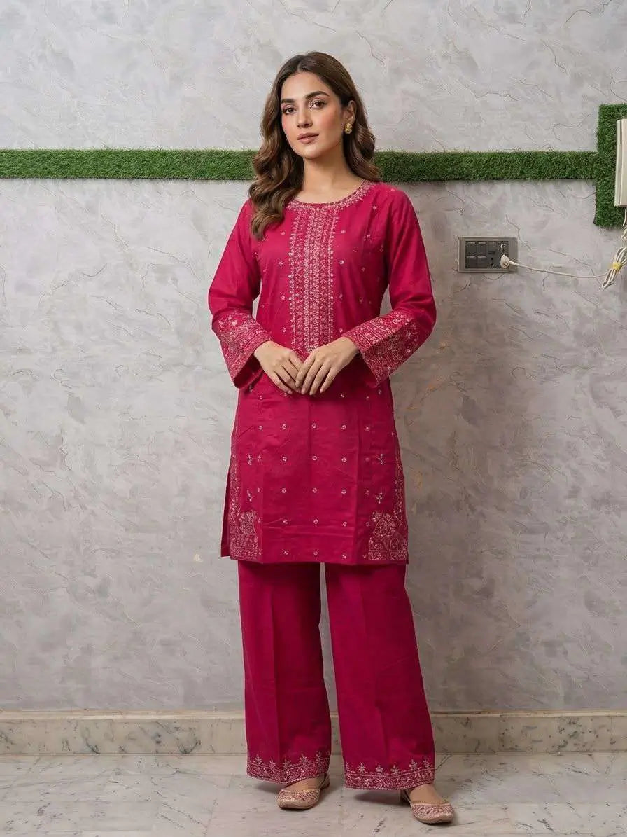 Dark Pink Embroidered 2 Piece Cotton Lawn Suit