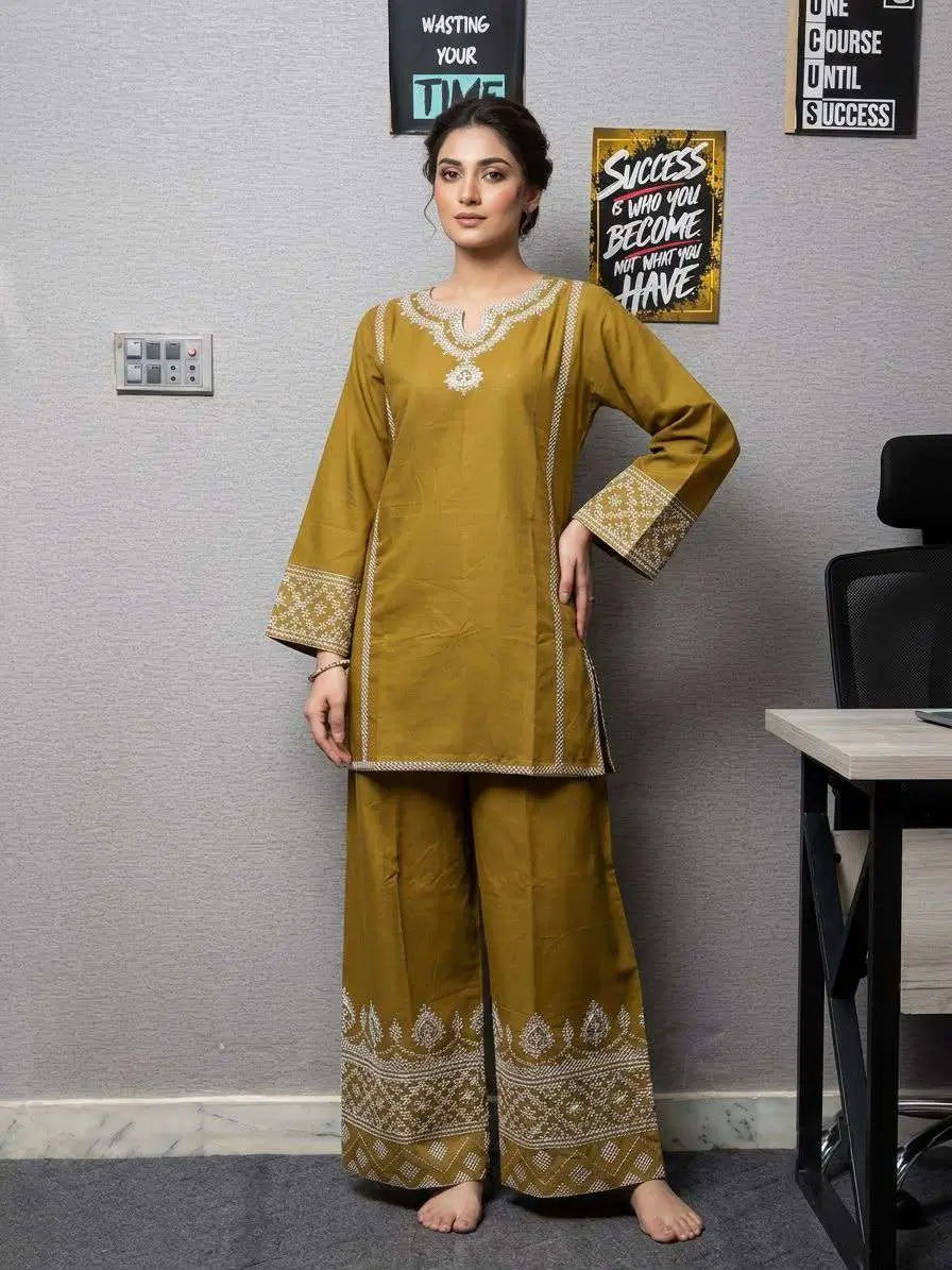 Mustard Yellow Embroidered 2 Piece Cotton Lawn Suit