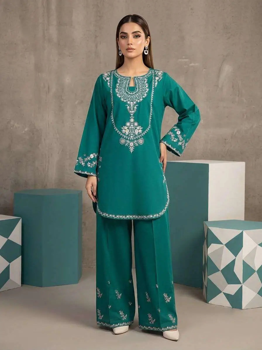 Teal Green Embroidered 2 Piece Cotton Lawn Suit