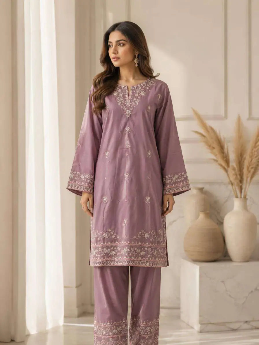 Dusty Mauve Embroidered 2 Piece Cotton Lawn Suit