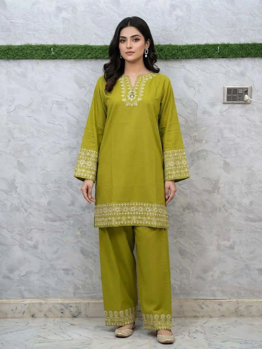 Olive Green Embroidered 2 Piece Cotton Lawn Suit