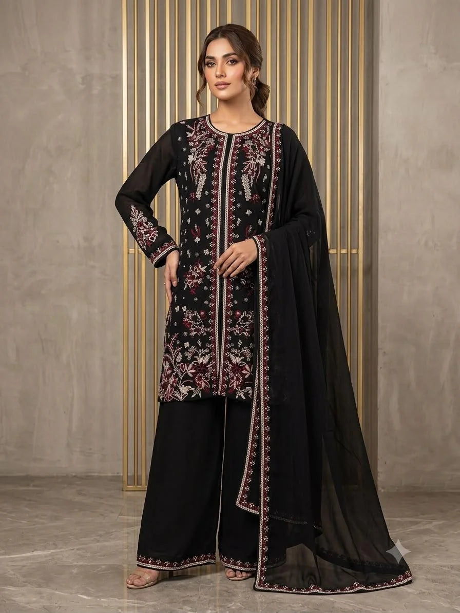 Siyah Noor Embroidered 3 Piece Chiffon Suit