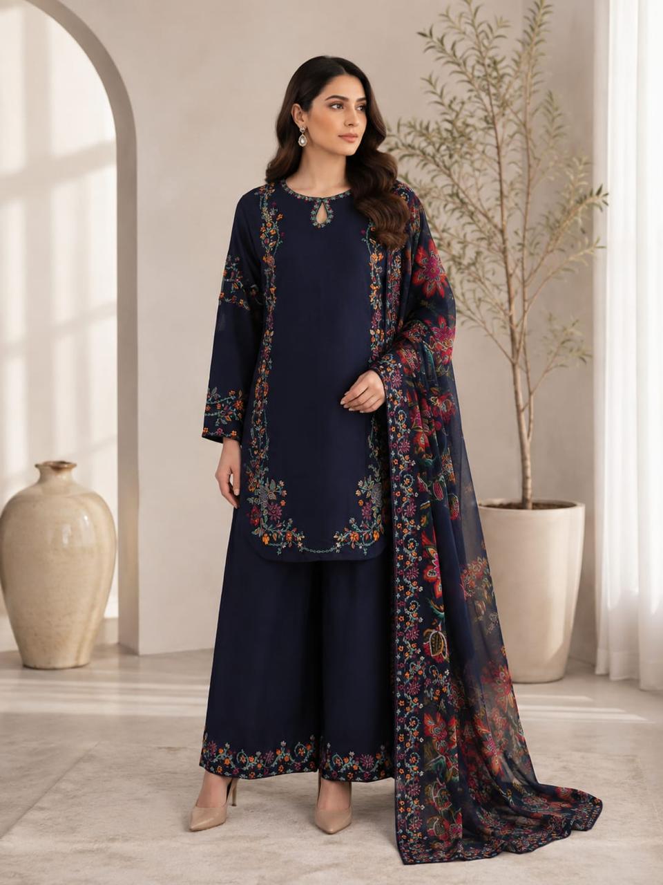 Midnight Bloom Embroidered 3 Piece Chiffon Suit