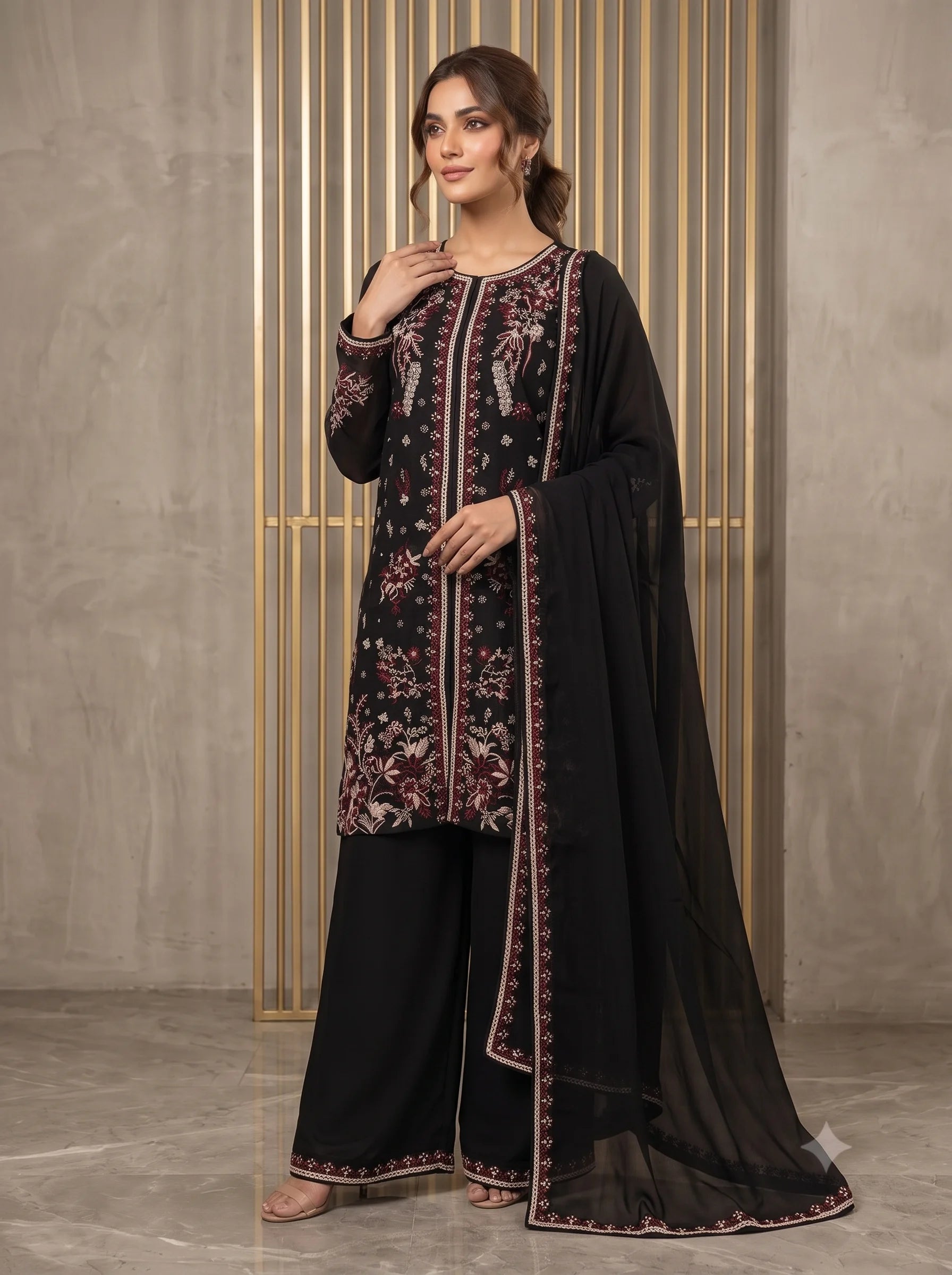 Siyah Noor Embroidered 3 Piece Chiffon Suit