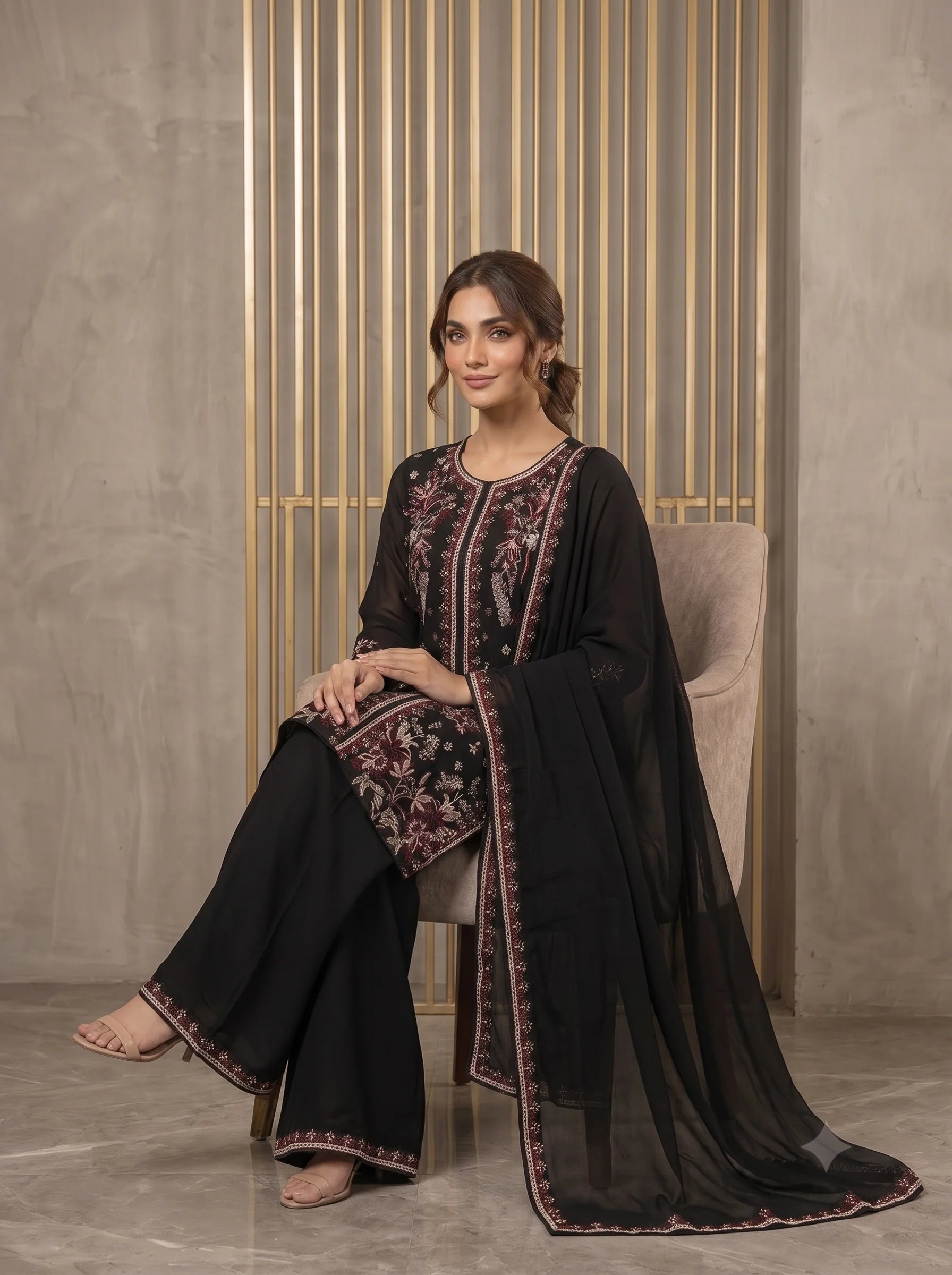Siyah Noor Embroidered 3 Piece Chiffon Suit