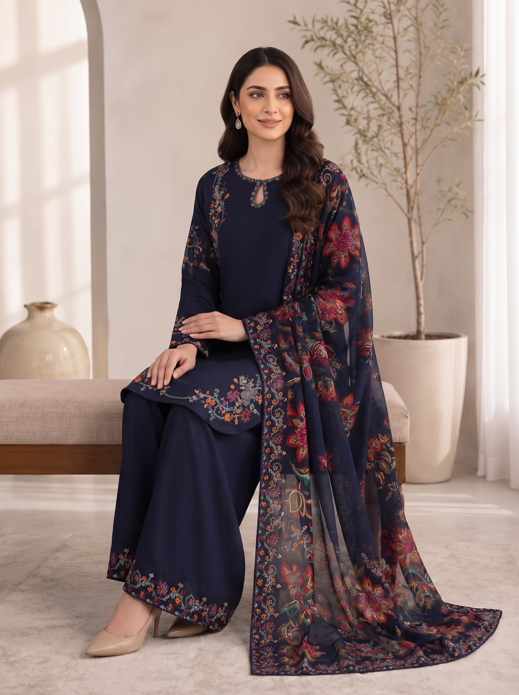 Midnight Bloom Embroidered 3 Piece Chiffon Suit