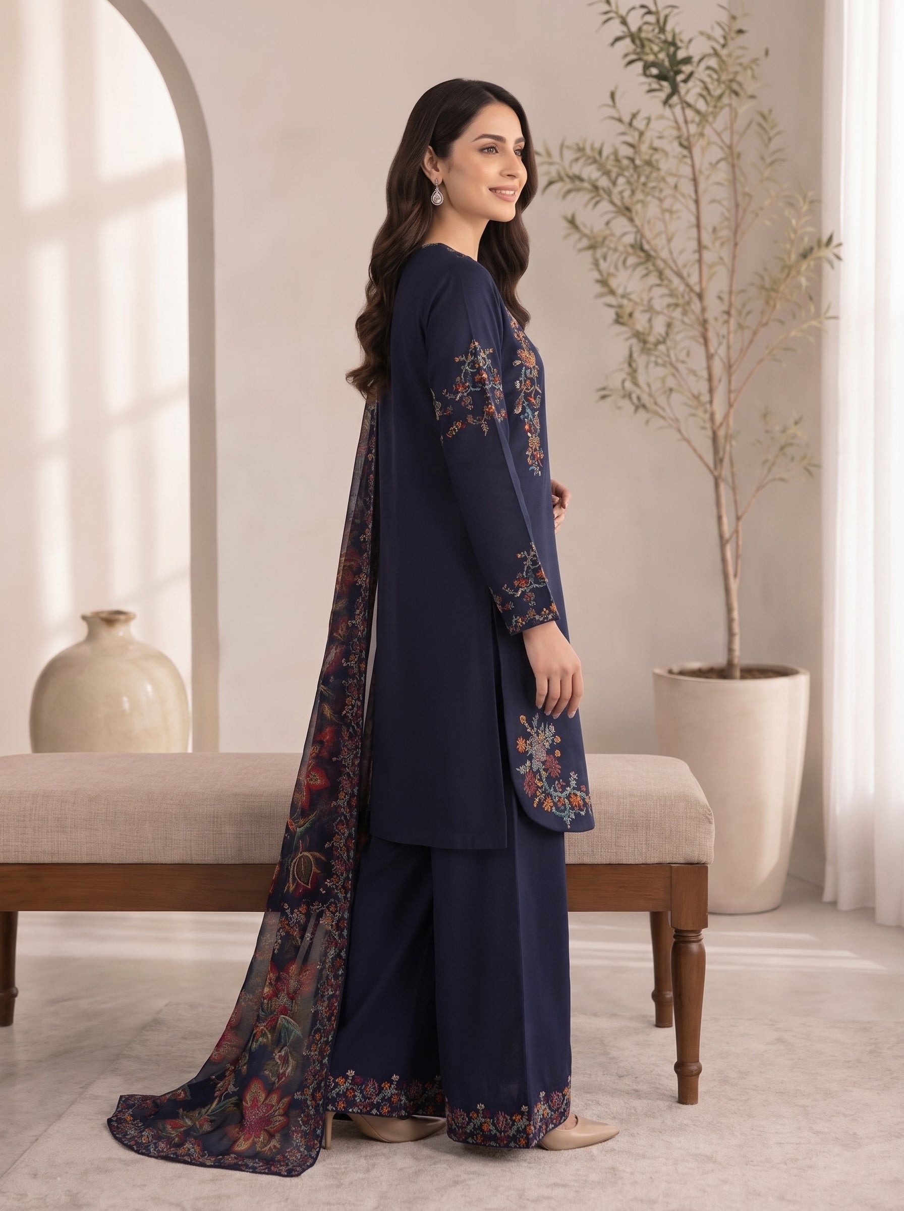 Midnight Bloom Embroidered 3 Piece Chiffon Suit