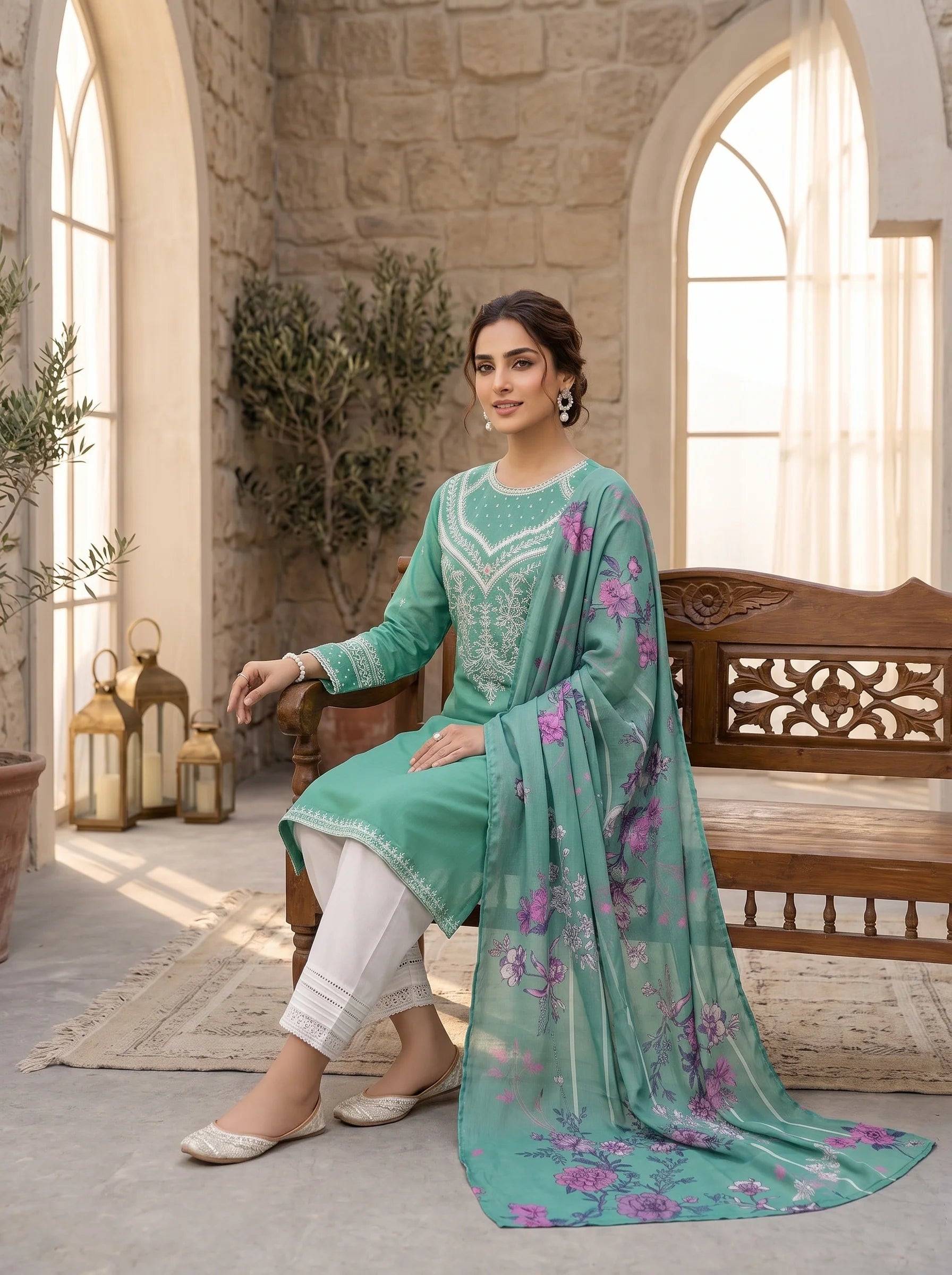 Gulnaar Embroidered Khadar 3 Piece Suit
