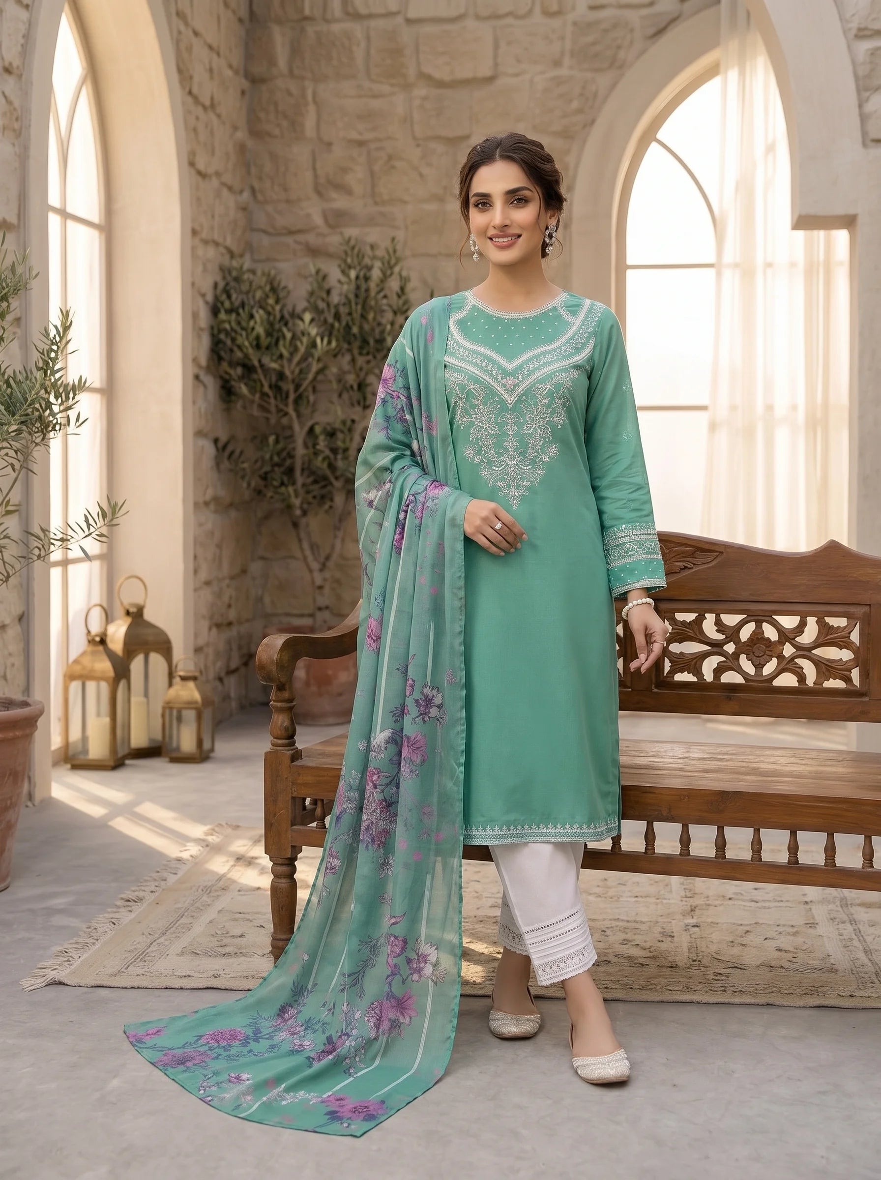Gulnaar Embroidered Khadar 3 Piece Suit