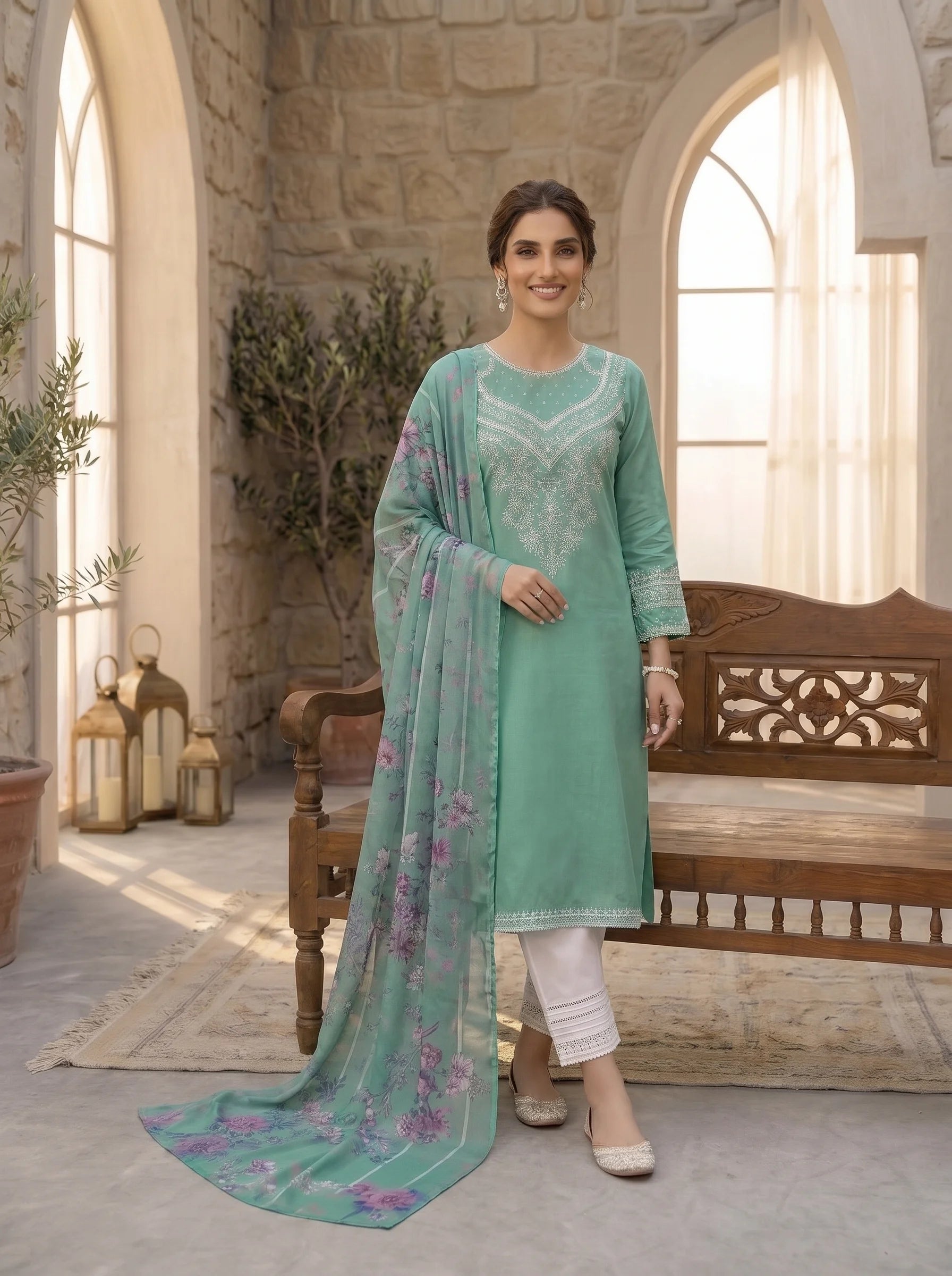 Gulnaar Embroidered Khadar 3 Piece Suit